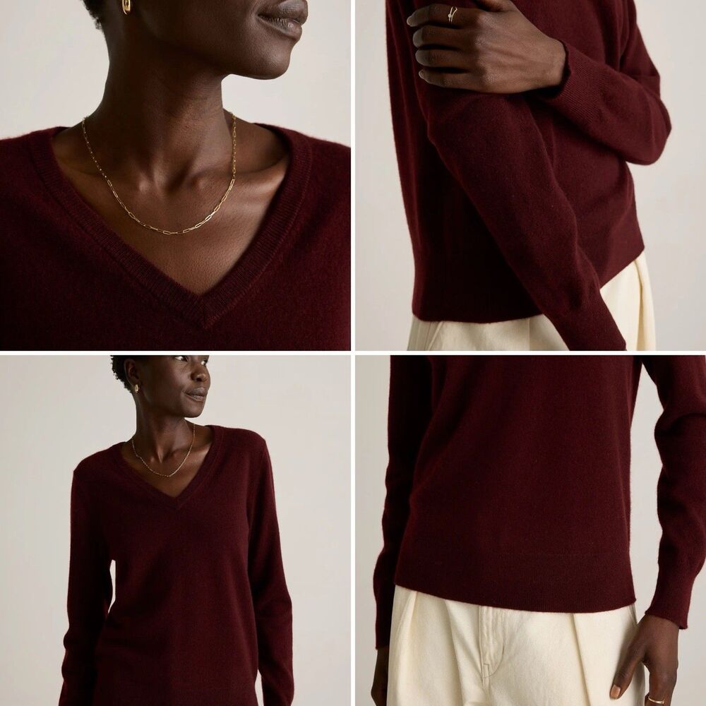 Quince Women Mongolian Cashmere V-Neck Sweater Rich Burgundy Sleeved Top Size L - Picture 12 of 16